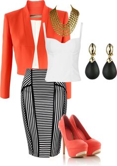 "Kicked up Fashion for Work" by eamoore on Polyvore Spring Work Outfits Black Women, Fashion For Work, Modest Neckline, Color Coordination, Orange Blazer, Chique Outfits, Outfit Chic, Orange Jacket, Stripe Outfits