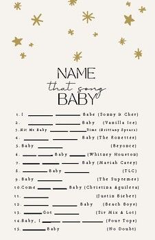 a baby shower game with gold stars on the top and black writing that reads name that's my baby