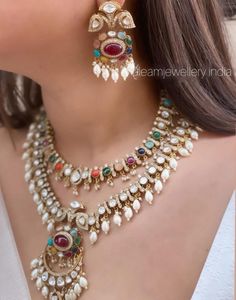 Reviving the royal time of luxurious lifestyle handcrafted in modern style.  Long multilayer necklace is always trending design lets wear it with some twist play with colors and beads  Gold plated and silver on high quality brass as base metal. Made in navratna. Victorian and gold plated  Moissanite polki kundan semiprecious stone  The majestically handcrafted Navratan Polki layered necklace set is based on gold plating that celebrates the rich heritage of Indian jewelry. The Indian Polki neckla Luxury Kundan Necklace With Zari Work, Luxury Kundan Necklace With Mirror Work As Gift, Elegant Multicolor Kundan Necklace, Gold Meenakari Necklace For Designer Wear, Elegant Multicolor Kundan Necklace With Tilla, Traditional Gold Necklaces For Designer Wear, Gold Designer Necklace For Diwali, Designer Gold Necklace For Diwali, Gold Necklace For Designer Wear During Diwali