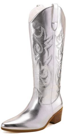 PRICES MAY VARY. Western cowboy boots - Western-style embroidery, almond toe slip-on style, slip-resistant rubber soles, and a low stacked block heel height of 1.96 inches (5 cm) so you can walk more easily. Quality materials - These over the Knee High boots are made of vegan-friendly leather with a comfortable, soft lining that won't receive damage from a long fit on your legs. More Matching - These women's cowboy boots meet your year-round matching requirements, they are suitable for fall, tra Chrome Cowboy Boots, Silver Boots Western, Tall Silver Cowgirl Boots, Silver Cowgirl Boots Short, Knee High Cowgirl Boots White, Knee High Cowgirl Boots, High Cowgirl Boots, Cowboy Boots For Women, Horse Riding Boots