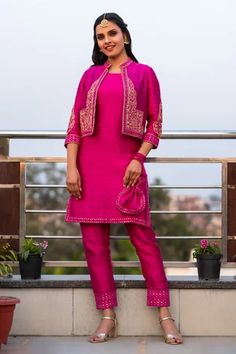 Shop for Kefi Collections Pink Kurta- Raw Silk Baani Short Jacket And Kurta Set for Women Online at Aza Fashions Latest Kurtas For Women, Jacket Suit Designs For Women, Traditional Fitted Jacket Dress For Festive Occasions, Fitted Outerwear With Resham Embroidery, Traditional Workwear Sets For Fall, Fitted Winter Outerwear With Dabka Work, Wedding Sets With Zari Work For Fall, Fall Wedding Sets With Zari Work, Fitted Festive Outerwear With Dabka Work