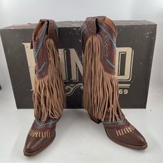 Brand New In Box Women’s Size 6 1/2 Dingo Women’s Gypsy Brown Fringed Fashion Western Cowgirl Boots Please See Photos For Details Of Shoes Kick Tradition Goodbye In The Dingo Gypsy Studded Snip Toe Cowboy Boots. Constructed With Genuine Leather Uppers And Loads Of Detail. Including Gold And Aqua Embroidery, Gold Studs And Light Brown Fringe Detail Hanging Along The Shaft. Hinged Cushion Insole 2.5” Heel Stitched Goodyear Welt Stacked Western Heel 13” Shaft Height Side Pull Tabs Rubber Outsole Le Western Boots With Tassels And Round Toe, Western Festival Boots With Tassels, Western Boots With Tassels For Festival, Brown Tasseled Boots For Festivals, Brown Western Boots With Tassels, Southwestern Style Brown Festival Boots, Brown Southwestern Style Festival Boots, Brown Bohemian Boots With Tassels, Bohemian Brown Boots With Tassels