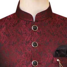 Description This stunning maroon and black contrast prince coat, made from self-designed Jamawar fabric, creates a dignified and elegant look that is perfect for any special occasion. It features 6 black and golden toned contrast buttons, double bone pocket, welt pocket with black pocket square, golden chain brooch, round bottom fashion and sleeve buttons for a sharp look. Custom made as directed, this sophisticated coat can give you a stunning look that will make the event unforgettable. Own th Traditional Fall Sherwani For Formal Occasions, Red Long Sleeve Sherwani For Formal Occasions, Traditional Fall Blazer For Formal Occasions, Red Elegant Bandhgala For Ceremonial Occasions, Traditional Fall Formal Sherwani, Elegant Red Bandhgala For Ceremonial Occasions, Traditional Fall Formal Blazer, Red Long Sleeve Bandhgala For Formal Occasions, Formal Red Long Sleeve Sherwani