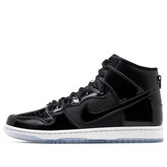 The Nike SB Skateboard Dunk High is a sneaker that pays homage to the classic Air Jordan 11. It features a black upper constructed from shiny patent leather, with ballistic mesh at the quarter panel and full-grain leather on the collar. A subtle pop of royal blue appears on the tongue tag, while the ‘SB’ heel branding recalls the ‘23’ on the Air Jordan 11. An icy translucent outsole completes the look. (SNKR/Unisex) Low-top Patent Leather Sneakers For Streetwear, Custom Low-top Patent Leather Sneakers For Streetwear, Custom Patent Leather Lace-up Sneakers For Streetwear, Custom Lace-up Patent Leather Sneakers For Streetwear, Patent Leather Lace-up Custom Sneakers For Streetwear, Lace-up Patent Leather Sneakers For Streetwear, Streetwear Sneakers With Boost Midsole And Patent Leather, Black High-top Sneakers With Perforations For Streetwear, Black Perforated High-top Sneakers For Streetwear