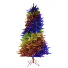 a multi - colored christmas tree on a stand with white background and clippings