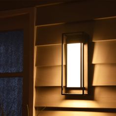 a light that is on the side of a wall next to a potted plant