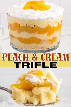 peach and cream trifle on a spoon with the title overlay reads peach and cream trifle