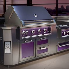 an outdoor grill with purple and silver accents