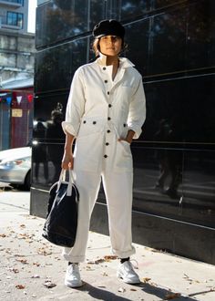 - White boiler suit - 100% cotton - Contrast colors at under collar and sleeve cuff - Front button closure Our Pre-Rented pieces are part of our Brooklyn shop rental program. They are all eco-friendly cleaned and like-new SIZE NOTES - S fits size 4-6, M fits size 6-8, L fits size 8-10 - Model is 5'4, size XS wearing a size S - S has 36 bust, 29 waist, and 38 hips, M has 40.5 bust, 32 waist, and 40 hips SUSTAINABLY MADE - From Verity & Daughters (New York, New York) - Sustainable Values: #3: Sustainable materials, #7: Safe, livable, dignified employment, #9: No animal cruelty SUSTAINABLE CARE - Hand wash cold - Do not bleach - Line dry - Cool Iron - Do not tumble dry White Boiler Suit, Jumpsuit For Women, Boiler Suit, Cotton Jumpsuit, White Jumpsuit, New York New York, Sleeve Cuff, Long Jumpsuits, Wide Pants