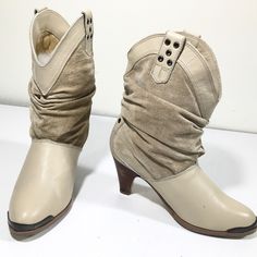 "Seller Notes: \"Excellent Condition! These soles rate a 9 on a scale 1-10.These boots have been thoroughly cleaned.\" Style: Boots Original/Reproduction: Original US Shoe Size (Women's): 5.5 Decade: 1980s Color: Beige Look: western Material: Leather Occasion: Casual Brand: kinney Country/Region of Manufacture: Taiwan Measurements 9.5\" from heel to toe( measured against the wall) 3 1/8\" at widest point 2.5\" heels 7.5\" shaft 12\" calf (diameter) Please measure your own boots and compare it to Western Material, Look Western, Boot Heels, Black Leather Dress Shoes, Luxury Winter, Slouched Boots, Cowboy Boots Women, Western Boho, Style Boots