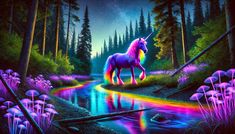 a painting of a unicorn standing in the middle of a forest next to a river