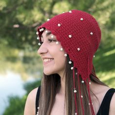 This adorable skull cap hat is crocheted with high-quality organic cotton yarn and it is embellished with pearls. It is lightweight, breathable, non-itchy, and soft on the skin.   This light and comfortable skull cap hat is made in boho hippie style.  This cute crochet skull cap hat with pearls is a perfect accessory for all seasons, rave festivals, Halloween parties, and daily wear and is very trendy. This hand-knitted hat with tassel is good for short and long hair and it is a great gift for l Adjustable Beach Beanie, Crochet Beanie Hat For Beach In Fall, Winter Festival Mini Hats One Size, Festival Crochet Hat, One Size Fits Most, Bohemian Knitted Beanie, Bohemian Crochet Beanie Hat One Size, Bohemian Knitted Beanie One Size, Winter Festival Beanie Mini Hat, Bohemian Crochet Hat In Yarn For Winter