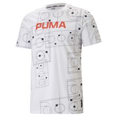 The punchy PUMA print emblazoned across this tee ensures maximum stand-out, both on the court and on the fly. Bold branding gives it an unmistakably PUMA personality, while the 100% cotton construction and easy, breezy fit add a quality feel. $14.95 Cotton Sports T-shirt With All Over Print, Sporty T-shirt With All Over Print For Streetwear, White T-shirt With Front Print For Sports Events, White Sports Tops With Front Print, White Sports Top With Front Print, Sporty White T-shirt With All Over Print, Sports Cotton T-shirt With All Over Print, Cotton T-shirt With All Over Print For Sports Events, White Athleisure T-shirt With Graphic Print