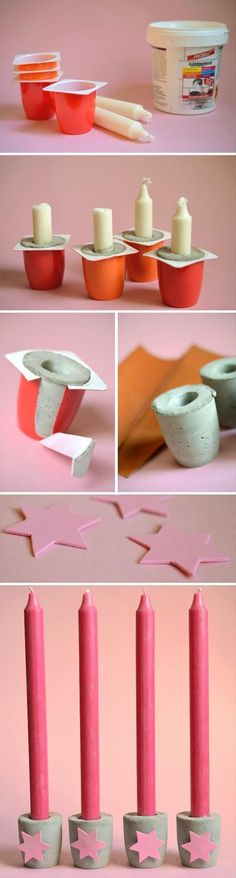 several different pictures of candles and bowls on pink background with text overlay that reads, how to make candle holders out of paper plates