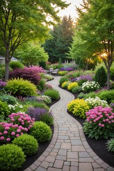 a garden path is surrounded by colorful flowers and trees, with the sun shining through the trees