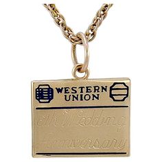 Unique anniversary charm, in the form of a Western Union telegram. 14K gold with blue enameling. The telegram is engraved "6th Wedding Anniversary." 1/3" x 1/2." A perfect way to mark the special day. Alice Kwartler has sold the finest antique gold and diamond jewelry and silver for over forty years. 6th Wedding Anniversary, Western Union, Antique Gold, Wedding Anniversary, Dog Tag Necklace, Jewellery And Watches, Special Day, Diamond Jewelry, Jewelry Watches