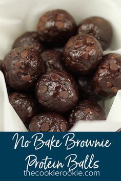 chocolate no bake brownie protein balls in a white bowl with text overlay