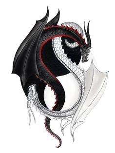 a black and white dragon with red accents