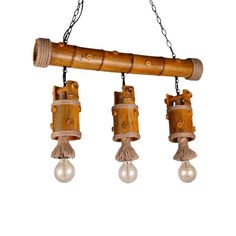 three light wooden chandelier hanging from chains