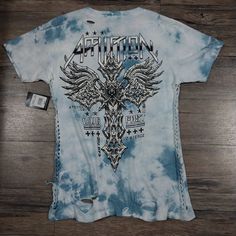 Affliction Shirt Iron Armada Size Womens L...Measurements In Pics Flaw See Circled Pic Edgy Blue Graphic Print Tops, Edgy Blue Tops With Graphic Print, Fitted Grunge Blue Top, Blue Grunge Tops For Streetwear, Fitted Acid Wash Top For Streetwear, Blue Grunge Tops For Spring, Blue Bleached Graphic Tee, Blue Punk Style Tops For Streetwear, Blue Distressed Grunge Tops