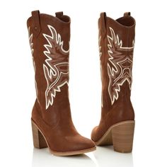 The MIA Taley boots have that classic western embroidery to keep you feeling fashionable and on trend. Made of easy to clean faux leather, this boot will be looking great for years to come. A memory foam insole offers maximum comfort for all-day wear so these boots really are made for walkin'. Country Style Brown Mid-calf Boots For Fall, Western Wide Calf High Heeled Boots, Western Style High Heel Boots For Wide Calves, Western Style Heeled Boots With Wide Calf, Western Style Wide Calf Heeled Boots, Country Style Brown Heeled Boots For Rodeo, Brown Country Style Heeled Boots For Fall, Winter Brown Heeled Boots For Rodeo, Brown Boots For Ranch In Spring