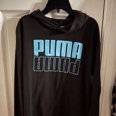 Puma T-Shirt Hoodie Size Large Never Worn Smoke Free Home Black With Aqua Graphic "Puma" & Upside Down "Puma" Black Hooded T-shirt For Sports, Casual Hooded Sports T-shirt, Casual Hooded T-shirt With Logo Print, Moisture-wicking Black Hooded Top, Black Moisture-wicking Hooded Top, Sporty Hooded T-shirt With Letter Print, Puma Logo Sports Hoodie With Long Sleeves, Puma Logo Long Sleeve Hoodie For Sports, Puma Logo Crew Neck Sweatshirt For Streetwear