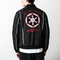 Star Wars Sith Lord Vader Bomber Jacket | Official Apparel & Accessories | Heroes & Villains™ - Star Wars Black Outerwear With Embroidered Graphics And Long Sleeves, Black Long Sleeve Outerwear With Embroidered Graphics, Urban Black Embroidered Outerwear, Urban Winter Outerwear With Embroidered Graphics, Sporty Embroidered Graphics Outerwear For Streetwear, Sporty Streetwear Outerwear With Embroidered Graphics, Sporty Embroidered Outerwear For Streetwear, Casual Embroidered Outerwear For Outdoor, Retro Embroidered Outerwear For Streetwear