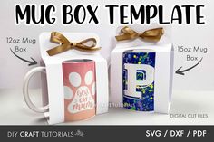 two coffee mugs with bows on them next to the box that says mug box template