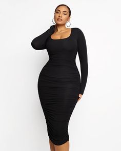 Finally, a perfect date night dress that you can't stop wearing! Styled with sneakers, sandals, or some killer heels, your new Smooth Ruched Shaping Dress look is versatile and effortless again and again. Smooth, tight, and showing off every curve of your body for the most flattering look. Why you'll love it!• Removable built-in padding. Designed & uniquely fit to flatter every cup size!• Mid-firm control for ultimate smoothing power.• It is ruched all over the front and back with a snug yet str How To Fold Sleeves, Long Sleeve Dresses, Black Long Sleeve Dress, Black Dresses Casual, Hip Dress, Sleeve Dresses, Trending News, U Neck, Dresses Black