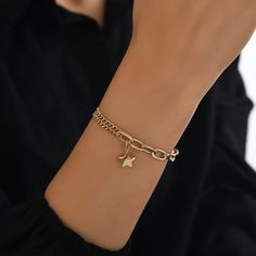 Charm Star Bracelet 14k Gold Puffed Star Pendant W/ Double | Etsy Gold Metal Bracelets With Star Charm, Gold Metal Bracelet With Star Charm, Gold Metal Chain Bracelet With Star Charm, Gold Star Charm Chain Bracelet, Gold Chain Bracelet With Star Charm, Bracelet For Guys, Star Charm Bracelet, Lock Bracelet, Gold Heart Bracelet