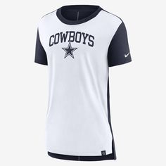 This Dallas Cowboys T-Shirt features a bold team design and soft tri-blend fabric to help get you ready for game day. Varsity T-shirt With Team Logo For Football Season, Nike Sports Fan T-shirt With Team Name, Nike Graphic Print T-shirt For Game Day, Game Day Jersey T-shirt With Team Logo, Nike T-shirt With Team Logo For Football Season, Nike T-shirt For Football Season Game Day, Nike T-shirt For Football Season Sports Events, Varsity Jersey Tops For Fan Gear, Tri-blend Fan Apparel T-shirt For Game Day