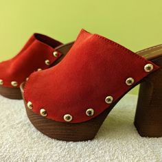 Gorgeous Bright Brick/Red Orange Clogs From Nine West- Never Worn. 41/2 Inch Heels With 1 1/2 Inch Platform. Suede Material With Wooden Heels And Base. No Box (Sorry). Smoke Free Home. Red High Heel Platform Mules, Spring Red Clogs With Wooden Heel, Red Leather Clogs With Block Heel, Red High Heel Mules With Wooden Heel, Red Open Toe Clogs With Wooden Heel, Casual Red Open Heel Mules, Red Clogs With Removable Insole And Round Toe, Red Mules With Wooden Heel For Summer, Red Mules With Wooden Heel