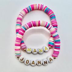 "This mommy and me bracelet set is the perfect back to school comfort gift. Each bracelet can be personalized with any word or name of your choice up to 10 letters. Over 50+ heishi bead options and choice of letter beads. Gold accent beads can be switched out for silver, just request in personalization box at checkout. Products Details: - This listing is for ONE set of 6mm Heishi bracelets with gold or silver plated accents. - If size is not entered at checkout bracelet will come in standard 6\" Customizable Adjustable Friendship Bracelets For Mother's Day, Customized Pink Friendship Bracelets For Mother's Day, Multicolor Adjustable Jewelry For Teacher Appreciation, Playful Adjustable Bracelets For Personalized Gift, Personalized Multicolor Jewelry For Teacher Appreciation, Personalized Playful Beaded Bracelets For Birthday, Playful Adjustable Name Bracelet For Everyday, Fun Adjustable Jewelry For Personalized Gifts, Pink Custom Name Friendship Bracelets For Mother's Day