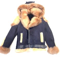 Temer Men's Navy Blue Over Sized Fox Fur Collar/ Hooded Shearling Jacket - Dudes Boutique Hooded Sheepskin Winter Outerwear, Hooded Outerwear With Faux Fur Trim In Sheepskin, Hooded Outerwear With Faux Fur Trim And Sheepskin, Hooded Sheepskin Outerwear With Faux Fur Trim, Sheepskin Hooded Outerwear With Faux Fur Trim, Hooded Shearling Outerwear With Faux Fur Lining, Hooded Shearling Outerwear For Winter, Winter Aviator Shearling Fur Coat, Hooded Sheepskin Fur Coat With Faux Fur Trim