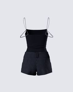 She's chic or whatever 😌 Be ready to slay any occasion in this two-piece set featuring a black strappy chain top and black pinstriped shorts 🖤 Trendy Party Tops With Short Length, Trendy Short Length Party Tops, Summer Night Out Tops With Built-in Shorts, Tops With Built-in Shorts For Summer Night Out, Black Summer Club Shorts, Summer Tops With Built-in Shorts For Night Out, Chic Black Club Shorts, Chic Club Shorts For Spring, Chic Short Tops For Party