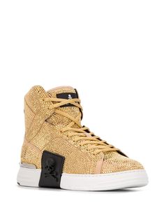 Philipp Plein rhinestone-embellished high-top Sneakers - Farfetch Luxury High-top Sneakers With Rubber Sole, Luxury Calf Leather Sneakers For Streetwear, Gold Low-top Sneakers With Textured Sole, Luxury Low-top Sneakers With Metallic Logo, Gold Sneakers With Rhinestones And Round Toe, Luxury Streetwear Sneakers With Abzorb Midsole, Gold Rhinestone Sneakers With Round Toe, Gold Leather Custom Sneakers With Rubber Sole, Luxury Leather Sneakers With Metallic Logo