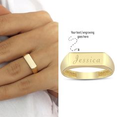 One word, letter or number combination can be stamped on the ring if you want. Please note your personalization during checkout. 14k Gold Stick Band Engravable Ring is also avaliable: https://www.etsy.com/listing/1353343274/ 14k Gold Hexagon Initial Ring is also avaliable: https://www.etsy.com/listing/1365734553/ 14k Gold Bold Initial Ring is also avaliable: https://www.etsy.com/listing/1351651650/ 14k Gold Adjustable Stackable Ring is also avaliable: https://www.etsy.com/listing/1351596112/ 14k Gold Minimalist Ring With Custom Name Engraving, Minimalist Gold Engraved Ring With Custom Name, Classic Engraved Ring With Custom Name For Promise, Engraved Nameplate Ring For Gift, Minimalist Engraved Yellow Gold Ring With Name, Minimalist Yellow Gold Engraved Name Ring, Classic Gold Engraved Ring With Custom Name, Custom Name Engraved 14k Gold Ring, Personalized Nameplate Ring For Anniversary