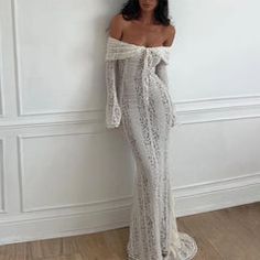 Fishtail Off Shoulder Flare Sleeves White Maxi Dress-Golden Atelier Off Shoulder Lace Dress, White Lace Maxi Dress, Insta Photos, Club Party Dresses, Lace Dress With Sleeves, Bandeau Dress, Mini Dresses For Women, Lace Sheath Dress, White Maxi