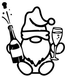 black and white santa claus holding a bottle of wine with a glass next to it