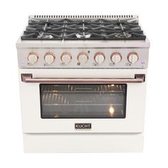 a white stove with four burners and one oven door open on a white background