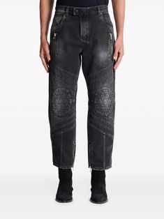 Balmain mid-rise straight-leg Biker Jeans - Farfetch Designer Black Straight Leg Jeans, Designer Straight Leg Jeans For Streetwear, Black Straight Leg Jeans With Zipper Closure, Designer Denim Straight Leg Pants, Designer Streetwear Bottoms With Five Pockets, Designer Straight Leg Denim Pants, Designer Straight Leg Pants With Pockets, Biker Style Straight Leg Jeans For Streetwear, Designer Black Straight Leg Pants