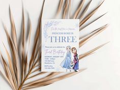 the princess is three birthday party card next to some palm fronds on a white background