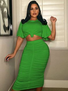 Material:71-80%Polyester. Features:Short ruffle sleeve. crew neck. solid color. crop top. ruched midi skirt.Style:Casual. Ruched Mini Skirt, Ruched Midi Skirt, Bodycon Midi Skirt, Multi Dress, Short Sleeve Crop Top, Summer Pattern, Custom Size Dresses, Short Sleeve Cropped Top, Plus Size Shorts