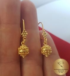 "★ Traditional Croatian filigree ball earrings, handcrafted in solid 14 k gold. Replicas of 19th century Ethnic, Heritage jewelry from Dubrovnik - Dalmatia region. Simple in style, versatile to wear with any outfit, and perfect for any occasion. Earrings end with decorative, secure latching type of ear-wires. ★ *These earrings are handmade on order in 7-10 business days* Due to the handmade creation, every pair is unique, so there can be tiny variations in dimensions of the finished earrings. Th Cheap Gold Chandbalis For Women, Long Somali Gold Earrings, Cheap Gold Chandbalis For Festive Occasions, Cheap Gold Temple Jewelry Danglers, Luxury Gold-plated Gold Chandbalis, Luxury Gold Chandbalis, Festive Filigree Round Earrings, Festive Round Filigree Earrings, Gold Ball Earrings