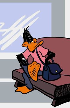 a cartoon duck sitting on top of a couch next to a handbag and purse