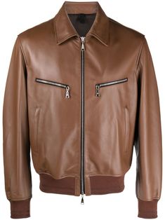 cognac brown lambskin classic collar front two-way zip fastening long sleeves two zip-fastening chest pockets ribbed cuffs and hem Leather Jacket Brown, Brown Leather Jacket, Mens Outerwear, Chest Pocket, Outerwear Jackets, Cognac, Fashion Branding, Leather Jacket, Collar