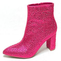 Sparkle And Shine In These Blingy Rhinestone Ankle Boots. Great For Parties, Concerts And Other Fun Special Occasions. New In Box Man Made Material Rhinestone Encrusted Uppers Pointed Toes Side Zipper For Easy Shoe Removal Lightly Padded Insole Comfy Chunky Heels Heel Height: 3.5 In. Shaft Height: 5.5 In. Fitting: True To Size. Regular Widt Embellished Pink High Heel Boots, Pink Embellished High Heel Boots, Embellished Pink Boots For Evening, Embellished Pink Evening Boots, Pink Sparkling Boots For Party, Pink Sparkling Party Boots, Embellished Pink Boots For Fall, Sparkling Pink Party Boots, Pink Rhinestone Boots For Fall