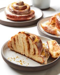 three plates with different types of pastries on them