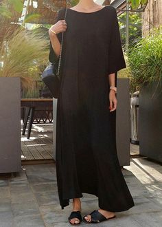 Classy O Neck Batwing Sleeve Cotton Dresses Black Cotton Robes Dresses Black Solid Color Maxi Dress, Plain Maxi Dress For Beach, Solid Shift Maxi Dress For Vacation, Casual Black Plain Maxi Dress, Black Solid Color Maxi Dress For Vacation, Spring Black Oversized Maxi Dress, Spring Oversized Black Maxi Dress, Oversized Black Maxi Dress For Spring, Oversized Black Maxi Dress