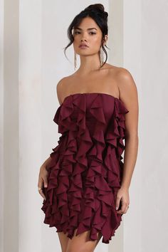 Exude a romantic state of mind at your next social event in this strapless mini It Girl . Crafted in a rich plum hue, this bodycon is defined by an array of high impact ruffles that create an effortless draping effect across its hemline. Accompanied by a pair of strappy stilettos,  It Girl  would make the perfect birthday ensemble.   Features  - Premium stretch crepe - Bodycon fit - Bandeau neckline - Removable cami straps - Invisible zip closure - Fully ruffled - Mini length   Sizing & Fit   Model is 5'6" and wears UK size 8 / US size 4    Product Information  Designed exclusively by Club L London Fully lined with some stretch  Premium crepe in Plum (100% Polyester)   Lining: (95% Polyester, 5% Elastane)  83cm total length SKU: CL 128842158 Mini Dress With Ruffles, Midi Bridesmaid Dress, Candy Dress, Dress With Ruffles, Social Event, Strappy Stilettos, Invisible Zip, Stretch Crepe, It Girl